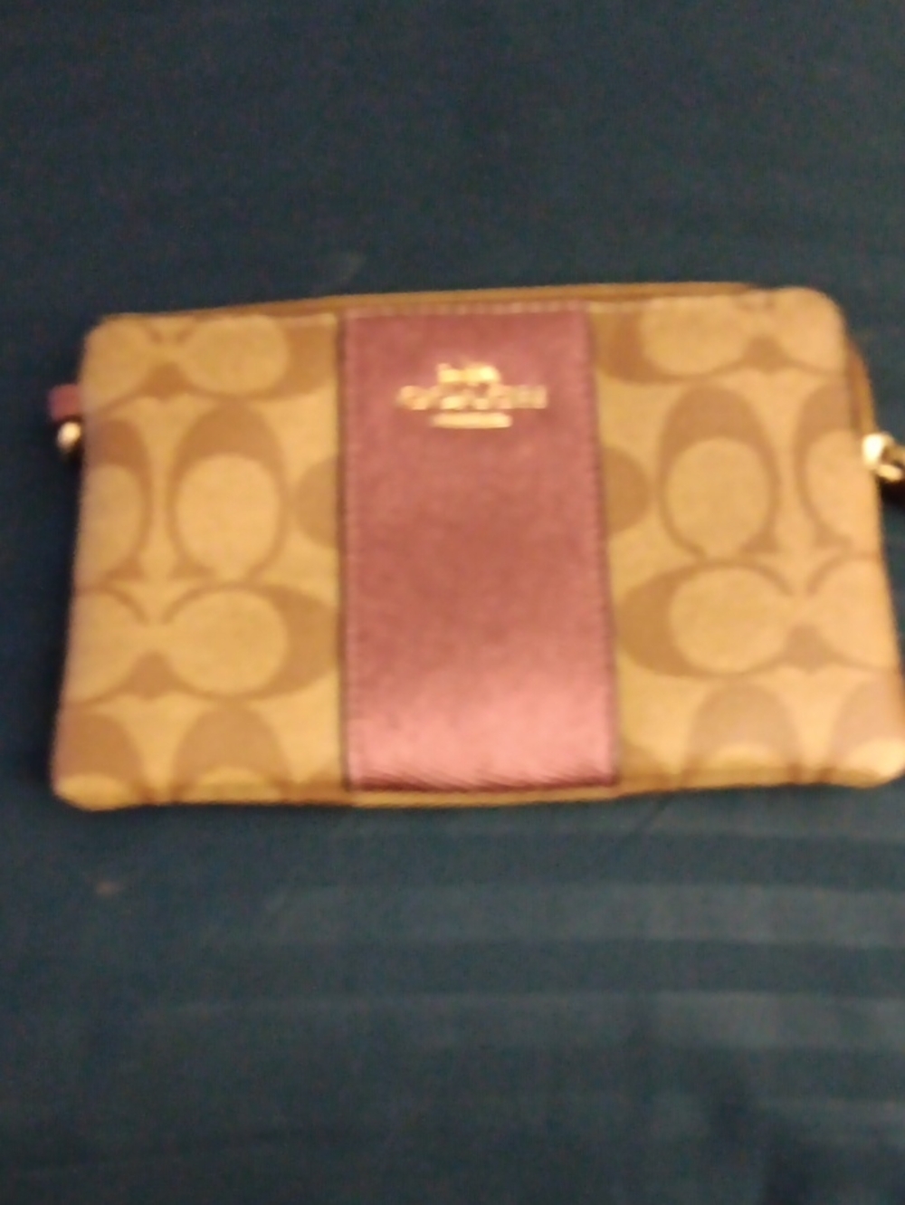 Coach Brown Signature Canvas Wristlet with Metallic Pink Center